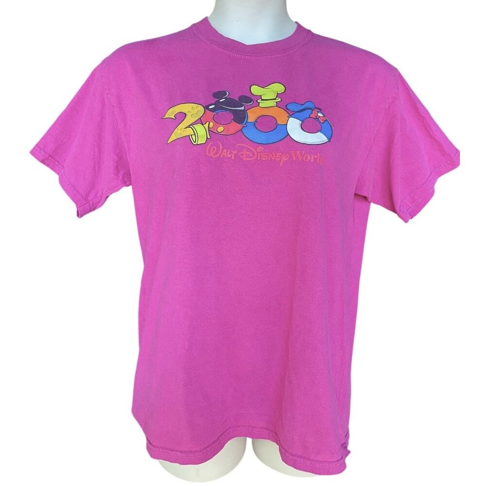 VINTAGE Disney Shirt Mens Medium Pink Crew Neck Mickey Mouse Tee Adult Y2K